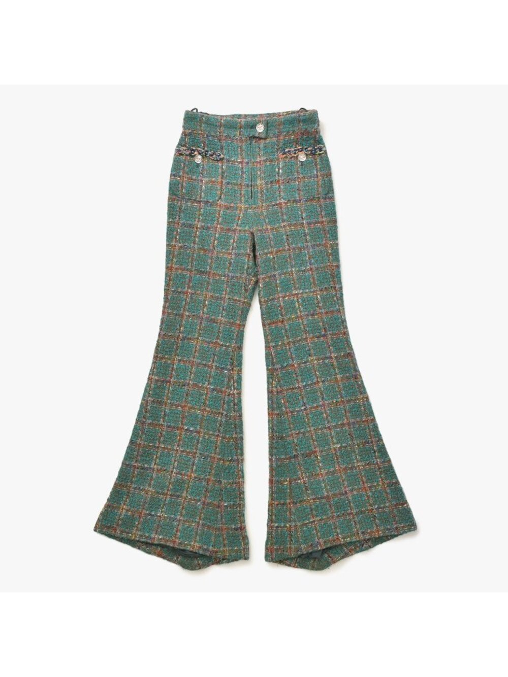 Chanel Tweed Flare Pants CC Logo Green Multicolor